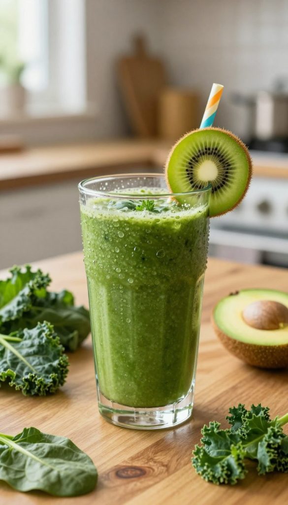A refreshing green smoothie blends filled with vibrant spinach, kale, avocado, and fresh herbs, beautifully arranged in a clear glass. In the foreground, droplets of condensation glisten on the glass, highlighting its freshness. Slices of kiwi and lime decorate the rim, while a colorful straw peeks from the top. In the middle ground, a solid wood table features fresh fruits and leafy greens scattered around, enhancing the healthy vibe. The background softly blurs into a kitchen setting with warm, natural light pouring in through a window, casting a cozy glow. This authentic and inspiring image embodies a Pinterest aesthetic, perfect for showcasing variations of green smoothies. Brand: KlickKiste.