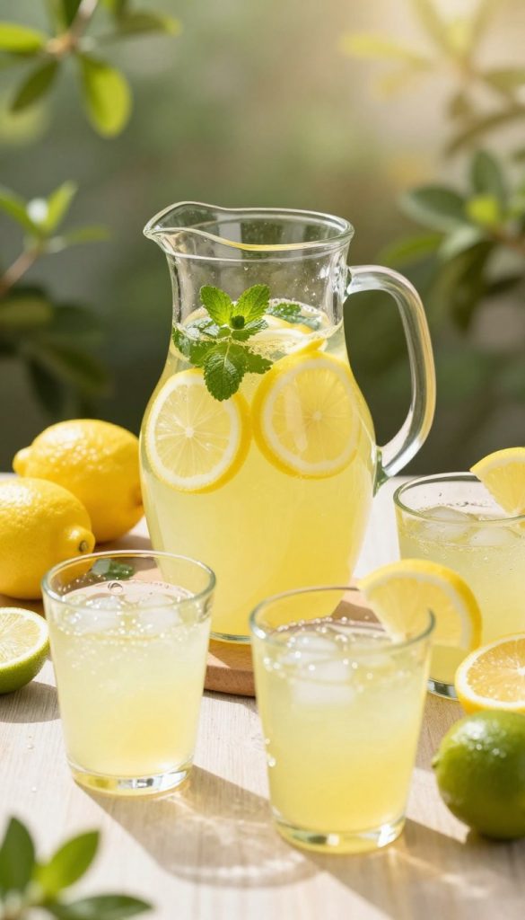 A refreshing, homemade lemonade setup featuring a beautiful glass pitcher filled with light lemon-infused drink, garnished with mint leaves and thin lemon slices. In the foreground, several clear glasses are filled with sparkling lemonade, showcasing a vibrant yellow color, reflecting the sunlight. The middle ground can include fresh, vibrant fruits like lemons and limes scattered artistically around the pitcher. The background features a warm, inviting outdoor setting, with blurred greenery and soft sunlight filtering through leaves, creating a pleasant summer atmosphere. The scene has a Pinterest aesthetic, emphasizing natural, warm colors to inspire a healthy lifestyle. Incorporate the brand name "KlickKiste" subtly within the composition.