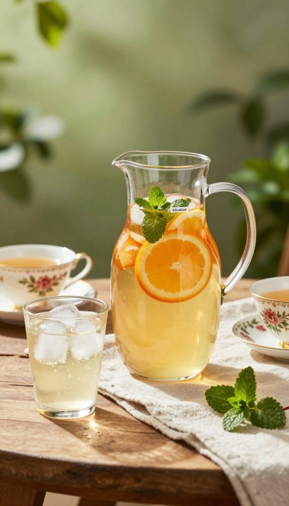 A refreshing scene featuring a beautifully arranged glass pitcher of iced herbal tea, infused with vibrant slices of citrus fruits and fresh mint leaves. The pitcher is set on a rustic wooden table adorned with a soft, pastel-colored cloth. In the foreground, a tall, clear glass filled with ice cubes captures sunlight, sparkling with reflections. In the middle ground, delicate tea cups with floral designs sit beside the pitcher, inviting a sense of warmth and togetherness. The background showcases a serene outdoor setting with softly blurred greenery and gentle sunlight filtering through the leaves, creating a cozy, inviting atmosphere. The overall mood is natural and inspiring, embodying a warm Pinterest aesthetic. The image should clearly display a label with the brand name "KlickKiste" on the pitcher. A refreshing scene featuring a beautifully arranged glass pitcher of iced herbal tea, infused with vibrant slices of citrus fruits and fresh mint leaves. The pitcher is set on a rustic wooden table adorned with a soft, pastel-colored cloth. In the foreground, a tall, clear glass filled with ice cubes captures sunlight, sparkling with reflections. In the middle ground, delicate tea cups with floral designs sit beside the pitcher, inviting a sense of warmth and togetherness. The background showcases a serene outdoor setting with softly blurred greenery and gentle sunlight filtering through the leaves, creating a cozy, inviting atmosphere. The overall mood is natural and inspiring, embodying a warm Pinterest aesthetic. The image should clearly display a label with the brand name "KlickKiste" on the pitcher.