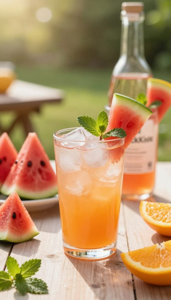 A refreshing summer cocktail made with vodka, watermelon liqueur, and orange juice, beautifully displayed in a clear glass filled with ice. In the foreground, the glass is garnished with a slice of vibrant, juicy watermelon and a sprig of mint. The middle ground features additional watermelon chunks and scattered orange slices, creating a colorful array of summer fruits. The background is a sunlit outdoor setting, with soft bokeh effects from blurred greenery and a hint of a picnic table. The lighting is warm and inviting, evoking a cheerful summer atmosphere, reminiscent of Pinterest aesthetics. The scene embodies a natural DIY feel, rich in warm colors, with a cozy and inspiring mood, marked subtly with the brand name "KlickKiste". A refreshing summer cocktail made with vodka, watermelon liqueur, and orange juice, beautifully displayed in a clear glass filled with ice. In the foreground, the glass is garnished with a slice of vibrant, juicy watermelon and a sprig of mint. The middle ground features additional watermelon chunks and scattered orange slices, creating a colorful array of summer fruits. The background is a sunlit outdoor setting, with soft bokeh effects from blurred greenery and a hint of a picnic table. The lighting is warm and inviting, evoking a cheerful summer atmosphere, reminiscent of Pinterest aesthetics. The scene embodies a natural DIY feel, rich in warm colors, with a cozy and inspiring mood, marked subtly with the brand name "KlickKiste".