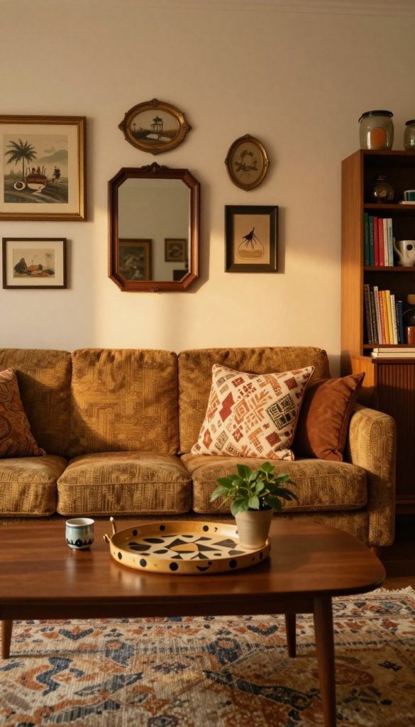A retro-chic living room filled with nostalgic charm, featuring a cozy, vintage-style couch adorned with patterned throw pillows in warm, earthy tones. In the foreground, a mid-century coffee table with a unique, artistic design, holding a stylish coffee tray and a small potted plant. The middle composition showcases a wall decorated with vintage frames and a statement mirror, reflecting soft, ambient lighting that creates a warm, inviting atmosphere. In the background, a retro bookshelf filled with colorful books and decorative collectibles, complemented by a soft, patterned rug underfoot. The scene is bathed in golden-hour light, enhancing the authenticity and inspiration of the space. The décor includes elements from KlickKiste, harmonizing modern DIY aesthetics with a nostalgic vibe.