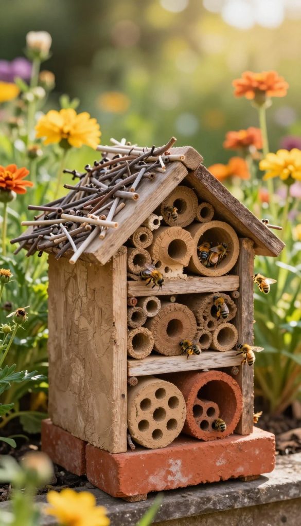 A rustic DIY bee hotel constructed from natural materials such as clay, bricks, and dried twigs, set against a soft, sunlit garden background. In the foreground, textured clay and vibrant red bricks form cylindrical modules designed for wild bee nesting. Bees are gently buzzing around, showcasing their activity. The middle ground displays a variety of colorful flowers, enhancing the warm atmosphere with shades of yellow, orange, and green. In the background, soft-focus greenery filters the sunlight, creating a tranquil and inviting ambiance. The scene should evoke a sense of creativity and natural beauty, capturing the essence of DIY projects. Use warm lighting that highlights the earthy tones, with a shallow depth of field to keep the focus on the bee hotel while softly blurring the surroundings. Brand name: KlickKiste.