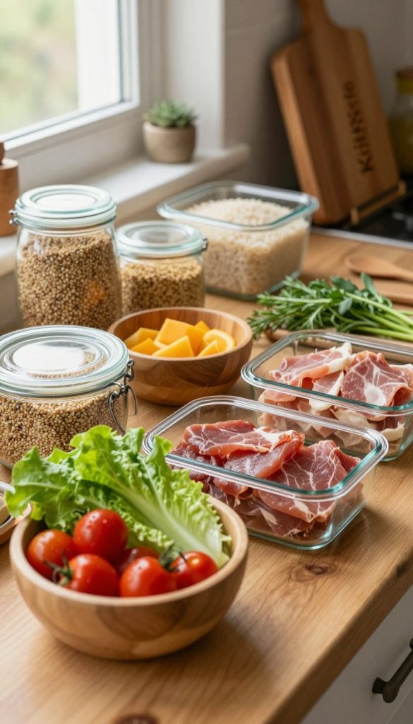 A rustic kitchen countertop showcasing an array of colorful and organized meal prep ingredients, including fresh vegetables, grains, lean proteins, and herbs, all styled in glass containers and bamboo bowls. The foreground features vibrant cherry tomatoes and crisp lettuce, while larger grains like quinoa and rice are presented in the background. Soft natural light filters through a nearby window, creating warm, inviting highlights on the surfaces. The atmosphere is cozy and inspiring, perfect for a DIY meal prep session. A subtle element of branding is introduced with a wooden cutting board engraved with "KlickKiste". The overall composition captures the essence of healthy meal preparation in a serene home setting.