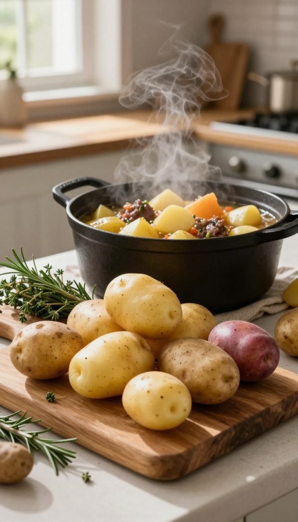A rustic kitchen scene featuring a vibrant assortment of potatoes ("kartoffeln") in a warm, inviting atmosphere. In the foreground, a wooden cutting board displays various types of potatoes—smooth, speckled, and colorful—alongside fresh herbs like rosemary and thyme. In the middle ground, a cast-iron pot filled with a hearty potato stew simmers softly, steam rising enticingly to create a homely feel. The background showcases a cozy kitchen with soft, natural lighting coming from a nearby window, casting gentle shadows and illuminating the scene. The overall mood is warm and inviting, evoking a sense of togetherness and family meals. This image embodies a natural DIY aesthetic with warm colors and a Pinterest-like quality, perfect for capturing the essence of simple, wholesome dishes. Crafted by KlickKiste.