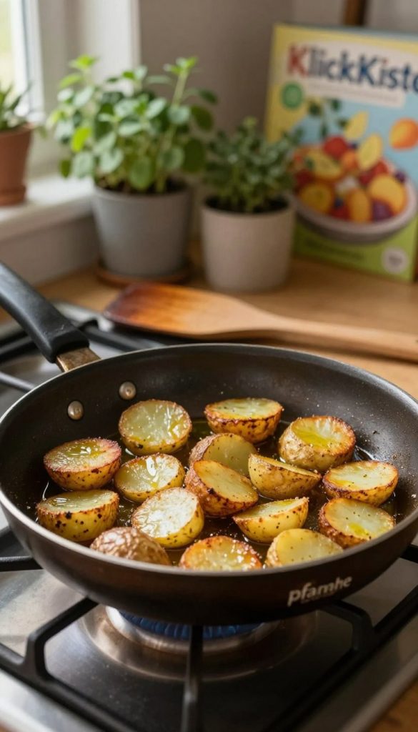 A rustic kitchen scene featuring a well-used frying pan ("pfanne") placed on a stovetop, filled with golden-brown, crispy potato slices sizzling in olive oil. The foreground showcases the delicious texture and color of the potatoes, glistening in the warm, inviting light. In the middle, a wooden spatula rests beside the pan, hinting at ready-to-serve portions. The background displays a softly blurred kitchen setting, with cozy decor elements like herbs in pots and a glimpse of a colorful culinary book titled "KlickKiste." The atmosphere is warm and inviting, evoking a sense of home-cooked comfort food, with natural lighting enhancing the earthy tones and creating an inspiring, DIY aesthetic perfect for a Pinterest look.