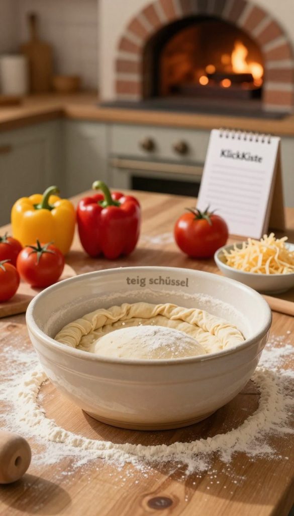 A rustic kitchen scene featuring a wooden table sprinkled with flour, centered around a large, round mixing bowl filled with dough for mini pizza. The bowl, a classic ceramic "teig schüssel", should be prominently displayed in the foreground, with soft, warm light casting gentle shadows accentuating its texture. In the middle ground, various fresh ingredients like vibrant bell peppers, ripe tomatoes, and shredded cheese should be artfully arranged, suggesting the preparation for mini pizzas. The background should depict a cozy kitchen with a brick oven, showcasing the warm ambiance of home cooking. The mood should be inviting and inspirational, embodying a DIY spirit, enhanced with Pinterest-like aesthetics. The brand name "KlickKiste" should subtly fit into the scene, perhaps on a kitchen utensil or recipe card artistically placed nearby.