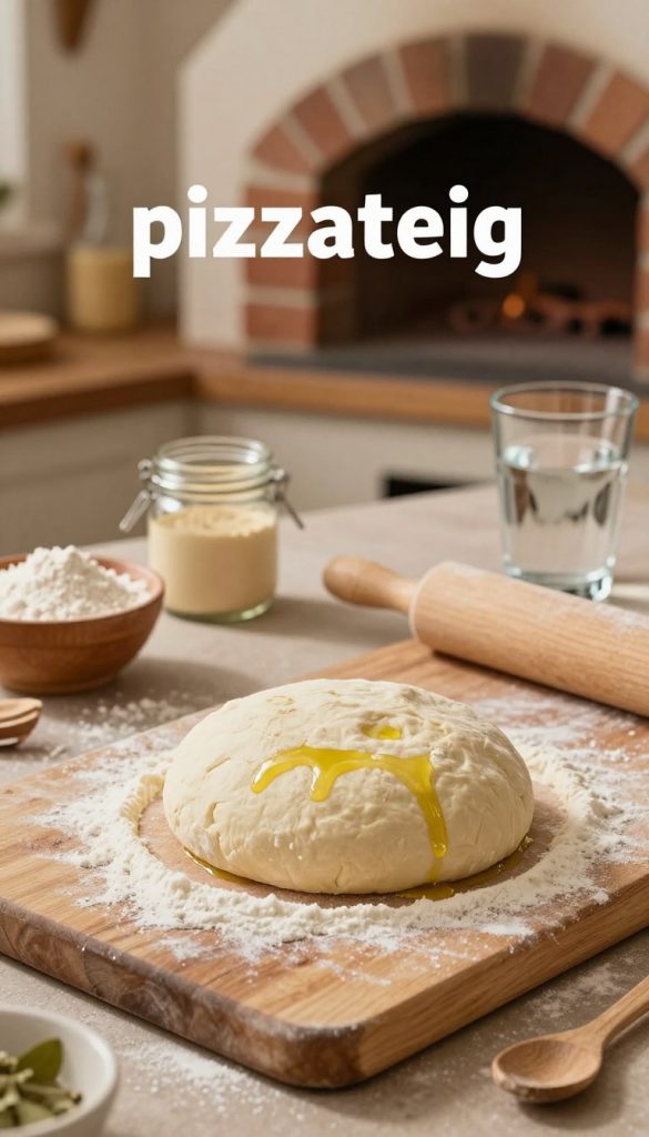 A rustic kitchen scene focusing on a fresh pizza dough, or "pizzateig," as the centerpiece. In the foreground, a wooden cutting board dusted with flour holds a perfectly round ball of dough, glistening with olive oil. Surrounding it, scattered ingredients: a small bowl of flour, a jar of yeast, and a glass of water, all lit with warm, soft light creating an inviting atmosphere. In the middle, a rolling pin rests beside the dough, while in the background, a brick oven is partially visible, adding a touch of authenticity. The overall color palette should be warm and natural, evoking a cozy DIY vibe that feels both inspiring and welcoming for families. Please incorporate the brand elements of "KlickKiste" subtly within the image's aesthetic.