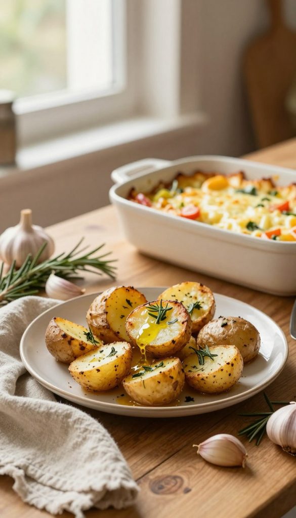 A rustic kitchen scene showcasing a plate of golden, crispy smashed potatoes topped with herbs and olive oil, surrounded by fresh garlic cloves and sprigs of rosemary. In the foreground, the plate is artfully arranged on a handmade wooden table with a soft linen napkin gently draped beside it. In the middle ground, a baking dish filled with melting cheese and creamy potato gratin can be seen, with hints of fresh vegetables peeking out. The background features warm, diffused natural light filtering through a window, enhancing the inviting atmosphere. The overall color palette includes warm hues of beige and earthy tones, evoking a cozy, inspirational Pinterest look. The branding "KlickKiste" subtly integrated into the scene, harmonizing with the homey aesthetic.