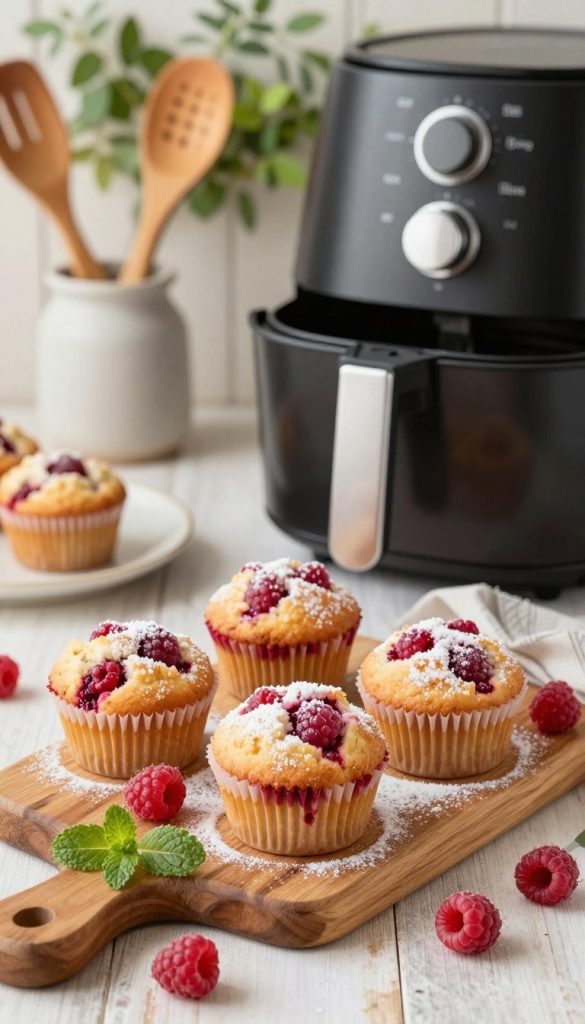 A rustic kitchen setting featuring freshly baked raspberry muffins emerging from an air fryer, beautifully arranged on a wooden board. The muffins are golden-brown with a vibrant raspberry filling peeking through, garnished with a sprinkle of powdered sugar. In the foreground, some scattered raspberries and a sprig of mint add a touch of freshness, while a soft, natural light illuminates the scene, creating warm tones. In the middle ground, there are charming DIY kitchen utensils and a cozy atmosphere with soft-focused greenery in the background. The overall mood is inviting and inspiring, evoking a sense of springtime delight. Capturing the essence of KlickKiste, this image should embody a warm, authentic Pinterest aesthetic. A rustic kitchen setting featuring freshly baked raspberry muffins emerging from an air fryer, beautifully arranged on a wooden board. The muffins are golden-brown with a vibrant raspberry filling peeking through, garnished with a sprinkle of powdered sugar. In the foreground, some scattered raspberries and a sprig of mint add a touch of freshness, while a soft, natural light illuminates the scene, creating warm tones. In the middle ground, there are charming DIY kitchen utensils and a cozy atmosphere with soft-focused greenery in the background. The overall mood is inviting and inspiring, evoking a sense of springtime delight. Capturing the essence of KlickKiste, this image should embody a warm, authentic Pinterest aesthetic.