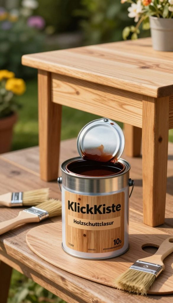 A rustic outdoor scene showcasing a can of "KlickKiste" wood protection stain (holzschutzlasur) prominently in the foreground. The can, with a brushed-metal finish and a natural wood label, is open, revealing the rich, deep color of the stain. Surrounding it, paintbrushes and wooden palettes in various stages of upcycling can be seen, creating a DIY atmosphere. In the middle ground, freshly stained wooden furniture glistens under soft, golden hour sunlight, highlighting the wood's grain. The background features a lush garden with green foliage and blooming flowers, adding a vibrant contrast to the warm tones of the wood. The overall mood is inviting and creative, inspiring viewers to explore wood protection techniques for their outdoor projects. A rustic outdoor scene showcasing a can of "KlickKiste" wood protection stain (holzschutzlasur) prominently in the foreground. The can, with a brushed-metal finish and a natural wood label, is open, revealing the rich, deep color of the stain. Surrounding it, paintbrushes and wooden palettes in various stages of upcycling can be seen, creating a DIY atmosphere. In the middle ground, freshly stained wooden furniture glistens under soft, golden hour sunlight, highlighting the wood's grain. The background features a lush garden with green foliage and blooming flowers, adding a vibrant contrast to the warm tones of the wood. The overall mood is inviting and creative, inspiring viewers to explore wood protection techniques for their outdoor projects.