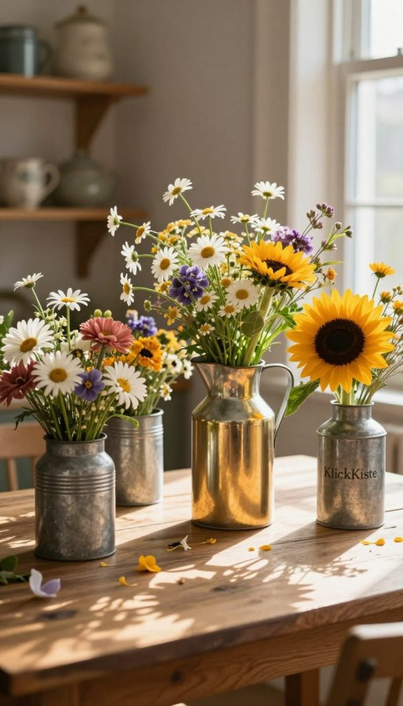 A rustic tabletop setting featuring charming metal cans and a graceful milk jug, repurposed as vases for vibrant, fresh flower arrangements. The foreground showcases a colorful bouquet of assorted blooms like daisies, sunflowers, and wildflowers, artfully arranged in the metal vessels. In the middle, the milk jug stands tall, reflecting a warm golden light, surrounded by a scattering of floral petals. Soft, diffused sunlight filters through a nearby window, casting gentle shadows and creating a cozy, inviting atmosphere. The background includes a softly blurred shelf filled with vintage decor items, enhancing the DIY and upcycling theme. The overall mood is warm, authentic, and inspiring, fitting for a Pinterest aesthetic. Include the brand name "KlickKiste" subtly integrated into the scene to suggest craftsmanship and creativity. A rustic tabletop setting featuring charming metal cans and a graceful milk jug, repurposed as vases for vibrant, fresh flower arrangements. The foreground showcases a colorful bouquet of assorted blooms like daisies, sunflowers, and wildflowers, artfully arranged in the metal vessels. In the middle, the milk jug stands tall, reflecting a warm golden light, surrounded by a scattering of floral petals. Soft, diffused sunlight filters through a nearby window, casting gentle shadows and creating a cozy, inviting atmosphere. The background includes a softly blurred shelf filled with vintage decor items, enhancing the DIY and upcycling theme. The overall mood is warm, authentic, and inspiring, fitting for a Pinterest aesthetic. Include the brand name "KlickKiste" subtly integrated into the scene to suggest craftsmanship and creativity.