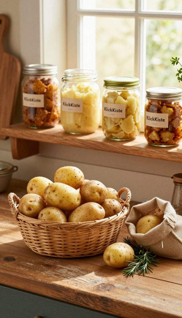 A rustic wooden kitchen scene featuring a beautifully organized potato storage setup by "KlickKiste". In the foreground, a woven basket filled with fresh, earthy potatoes sits on a weathered table, alongside a small sack of potatoes and a few sprigs of rosemary for decoration. The middle layer includes a wooden shelf lined with jars containing various potato dishes, like mashed potatoes and hash browns, presented in jars with labels. The background showcases warm, natural light filtering through a window, illuminating the scene with a cozy, inviting glow. The overall atmosphere is warm and inspiring, perfect for a DIY kitchen setting, evoking the feeling of a homely environment where quick potato dishes can thrive.