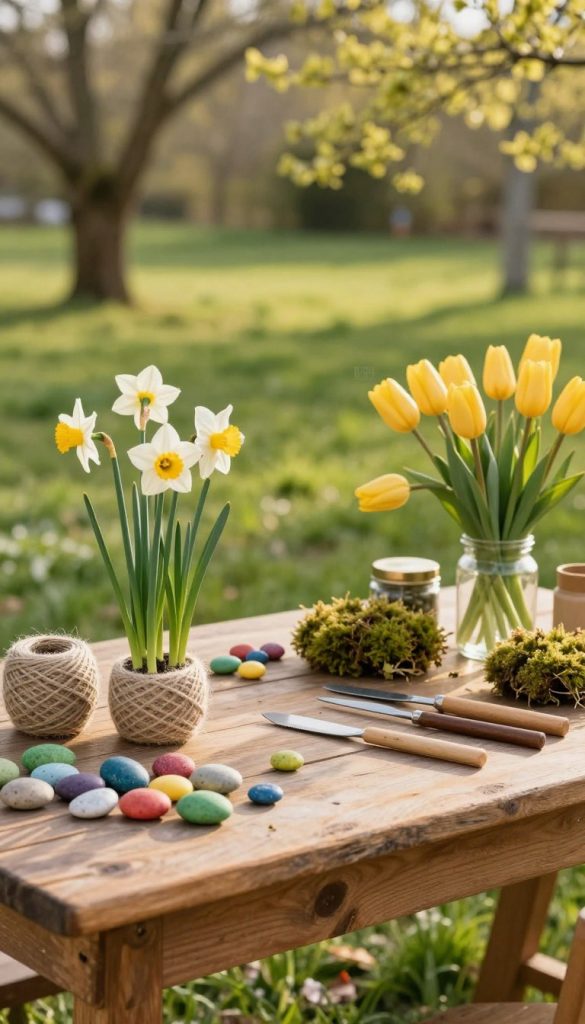 A rustic wooden table acts as a foreground, adorned with an array of natural materials and tools for DIY spring decorations. Include vibrant, freshly gathered flowers like daffodils and tulips, coiled twine, colorful painted stones, and small jars filled with moss. In the middle ground, a gently blurred backdrop features soft green grass and budding trees, capturing the essence of spring. The lighting is warm and inviting, suggesting late afternoon sun, casting gentle shadows that enhance the textures of the materials. The overall atmosphere is authentic, creative, and inspiring, reflecting a Pinterest aesthetic. Add the brand name "KlickKiste" subtly within the scene, harmonizing with the natural elements.