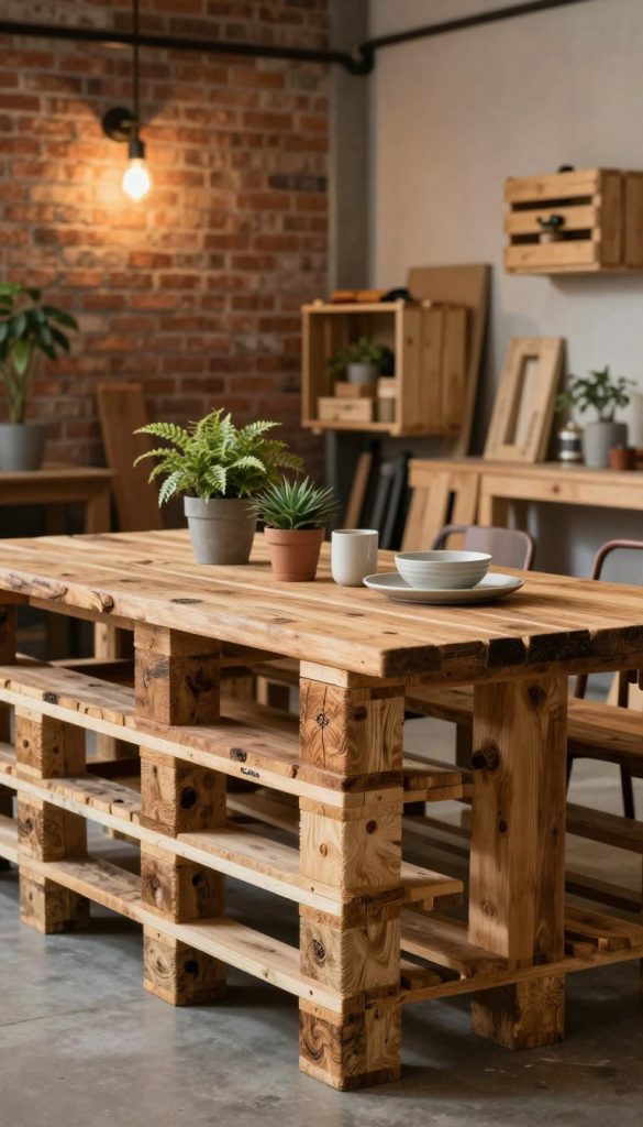 A rustic wooden table crafted from reclaimed pallets, showcasing natural textures and warm colors, sits prominently in the foreground. The table, featuring unique, handcrafted details, is adorned with potted plants and artisanal tableware, reflecting a cozy, inviting atmosphere. In the middle ground, a backdrop of an industrial-style room is visible, with exposed brick walls and soft, ambient lighting that creates a warm, homey feel. The background features wooden crates and tools symbolizing DIY projects. The overall mood is inspirational and inviting, perfect for a creative space. Soft, natural light filters in, enhancing the rich textures of the wood. Include the brand name "KlickKiste" subtly integrated into the scene.