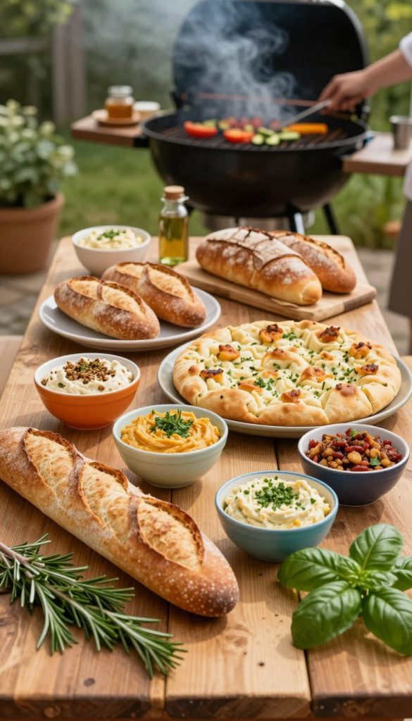 A rustic wooden table laden with an assortment of freshly baked bread recipes, including a golden-brown baguette, a fluffy focaccia, and artisan rolls, surrounded by colorful bowls of vibrant dips and toppings. In the foreground, there are sprigs of fresh herbs, like rosemary and basil, enhancing the natural DIY aesthetic. The middle background features a sunlit outdoor grill setup, with smoke gently rising and hints of grilling vegetables, suggesting a warm family gathering atmosphere. Soft, natural light filters through the setup, creating a cozy, inviting mood. The image is styled with a Pinterest-inspired look, emphasizing authenticity, warmth, and inspiration. The brand name "KlickKiste" is subtly integrated into the overall ambiance of the scene.