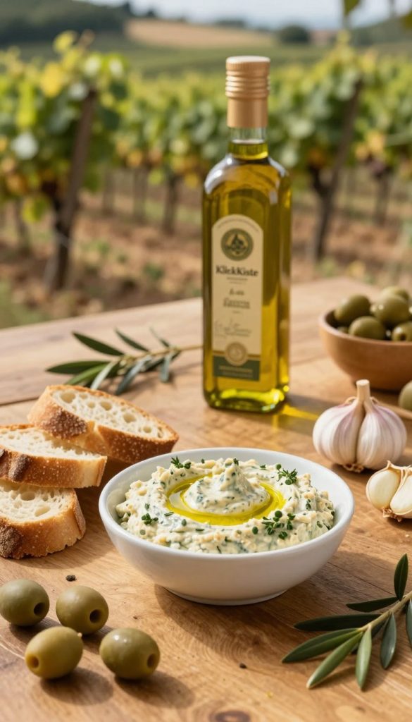 A rustic wooden table set for an elegant apéro, showcasing a vibrant spread featuring creamy tapenade, drizzled with golden olive oil, and a hint of garlic. In the foreground, a small white bowl elegantly holds the tapenade, surrounded by fresh bread slices and green olives that pop with color. In the middle, a bottle of high-quality olive oil glistens in the warm ambient light, casting soft reflections, while sprigs of fresh herbs add a touch of green and freshness. The background features a gently blurred vineyard landscape, enhancing a Mediterranean ambiance. The lighting is warm and inviting, reminiscent of a cozy gathering. The overall mood is natural and inspiring, capturing the essence of French cuisine. A subtle brand logo "KlickKiste" is incorporated into the table setting, harmonizing the composition.