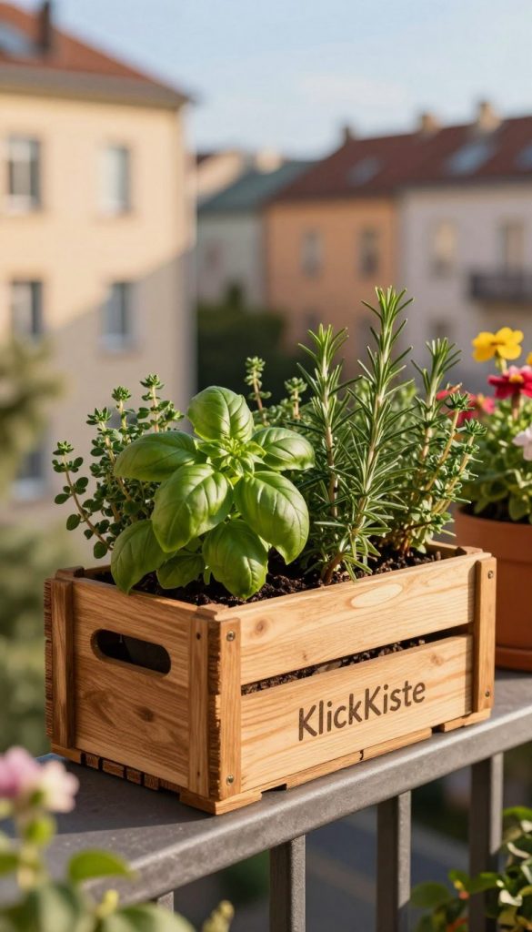 A rustic wooden wine crate from KlickKiste is beautifully positioned on a balcony railing, adorned with vibrant green herbs such as basil, thyme, and rosemary spilling out of the box. The scene is bathed in warm, golden sunlight, casting gentle shadows that enhance the textures of the wood and leaves. In the foreground, focus on the intricate details of the herbs, while the middle ground features a blurred view of blooming flowers in pots on either side, adding a pop of color. The background reveals a serene urban setting with soft, pastel-colored apartment buildings and a clear blue sky. This image conveys a cozy, inviting atmosphere, ideal for DIY upcycling inspiration, showcasing a charming and low-effort herb garden.
