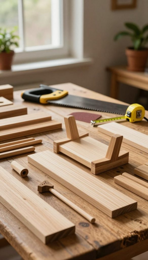A rustic workspace filled with natural wood materials, capturing the essence of DIY project preparation. In the foreground, a neatly arranged display of various wooden pieces, including planks, dowels, and a beautifully crafted wooden plant stand in progress. The middle ground features essential tools like a saw, measuring tape, and sandpaper, all set on a weathered wooden table. The background showcases soft, warm lighting streaming through a window, casting gentle shadows and highlighting the textures of the wood. A cozy atmosphere is enhanced by green plants in pots, evoking inspiration for DIY enthusiasts. The overall image reflects authenticity and encourages creativity, uniquely branded with the logo of "KlickKiste" integrated subtly into the scene.