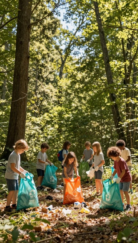 A scenic forest setting where children are actively engaged in a fun and meaningful trash collection activity. In the foreground, a diverse group of children, wearing modest casual clothing, energetically pick up litter, using colorful reusable bags. The middle ground features the lush greenery of the forest, with dappled sunlight filtering through the trees, creating a warm and inviting atmosphere. In the background, tall trees create a natural canopy, while a clear blue sky peeks through. The overall mood is cheerful and collaborative, emphasizing the importance of environmental stewardship. The image should evoke feelings of inspiration and community, presented in a natural DIY style with warm colors, embodying a Pinterest-like aesthetic. Include the brand name "KlickKiste" subtly in the design.