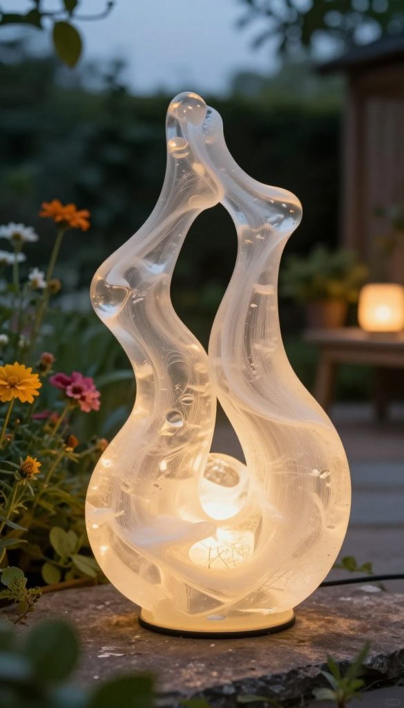 A sculptural garden lamp designed with a unique blend of nylon stockings and resin, showcasing an intricate, flowing organic form that captures the light beautifully. In the foreground, the lamp features a delicate interplay of translucent textures, casting warm, inviting glows. The middle ground displays a softly lit garden setting, adorned with green foliage and colorful flowers under a twilight sky, creating a serene atmosphere. The background suggests a cozy outdoor scene with hints of garden furniture bathed in gentle light. Use natural, warm tones for an authentic Pinterest aesthetic. The image should evoke inspiration and creativity, ideal for a DIY project by the brand "KlickKiste". Capture this scene with a focus on intimate, close-up angles, emphasizing the lamp's craftsmanship and details. A sculptural garden lamp designed with a unique blend of nylon stockings and resin, showcasing an intricate, flowing organic form that captures the light beautifully. In the foreground, the lamp features a delicate interplay of translucent textures, casting warm, inviting glows. The middle ground displays a softly lit garden setting, adorned with green foliage and colorful flowers under a twilight sky, creating a serene atmosphere. The background suggests a cozy outdoor scene with hints of garden furniture bathed in gentle light. Use natural, warm tones for an authentic Pinterest aesthetic. The image should evoke inspiration and creativity, ideal for a DIY project by the brand "KlickKiste". Capture this scene with a focus on intimate, close-up angles, emphasizing the lamp's craftsmanship and details.