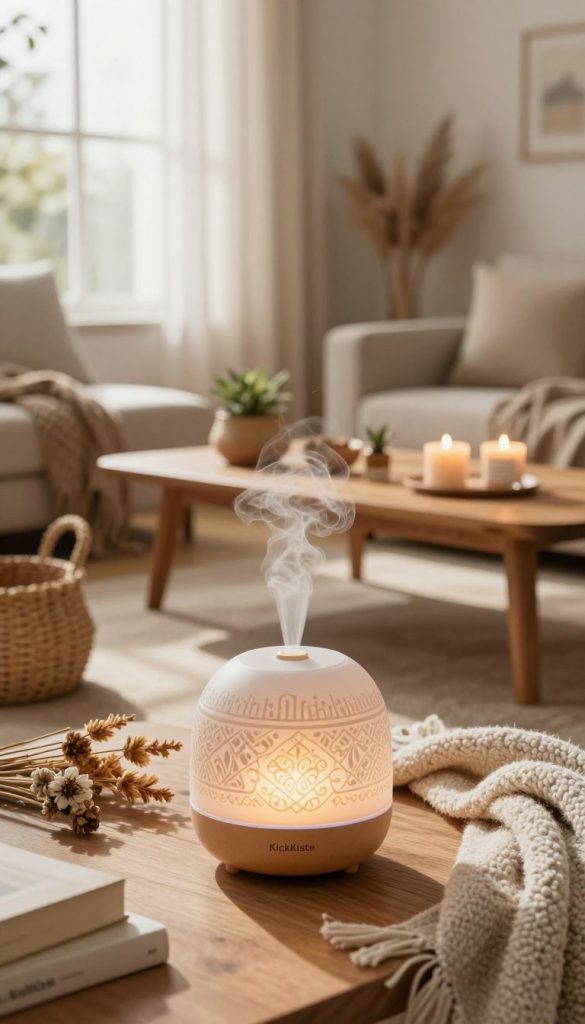 A serene Boho Luxe living space with a focus on a beautifully styled scent diffuser. In the foreground, showcase the diffuser with intricate patterns, emitting a gentle mist. Surround it with soft, earthy decor elements like woven baskets, dried flowers, and a cozy throw blanket. In the middle ground, feature a wooden coffee table adorned with natural textures, candles, and small plants that complement the positive atmosphere. The background should have a sunlit window with sheer curtains, allowing warm light to cascade into the room, enhancing the cozy feel. Set the scene with soft, inviting colors, creating a harmonious and inspiring ambiance. The overall mood is tranquil and uplifting, showcasing the essence of a DIY Boho Luxe environment. Include subtle branding for "KlickKiste" in an unobtrusive way.