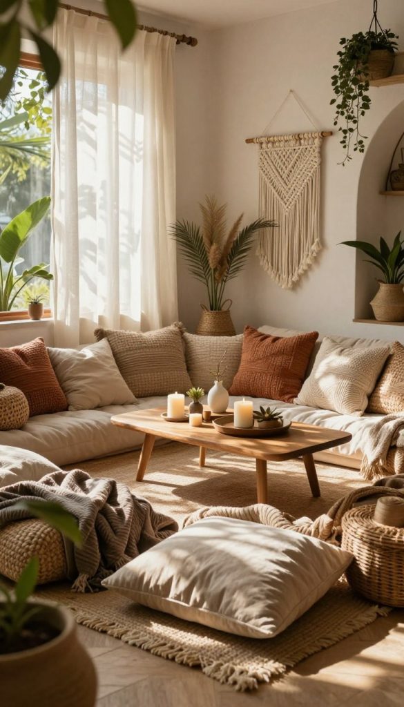 A serene Boho-inspired living space filled with natural elements, emphasizing warmth and atmosphere. In the foreground, a cozy seating area with textured cushions and throws in soft earth tones, surrounded by greenery and handmade decorations. The middle ground features a beautifully designed coffee table adorned with candles and artisanal decor, creating a focal point of comfort. In the background, dappled sunlight filters through sheer curtains, casting gentle shadows and highlighting the rich textures of woven baskets and macramé wall hangings. The setting embodies a Pinterest-worthy aesthetic, radiating a peaceful, inviting ambiance. Utilize warm colors and soft, diffused lighting to enhance the cozy atmosphere. Capture this scene with a wide-angle lens, ensuring a dreamy, inviting depth that inspires creativity. Include elements that represent the brand "KlickKiste" subtly in decor, reflecting DIY charm.