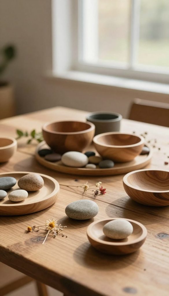 A serene DIY decor scene featuring a stunning arrangement of natural materials to inspire creativity. In the foreground, intricately crafted items made from smooth wood, textured stones, and delicate dried flowers are artfully displayed on a rustic wooden table. The middle ground showcases a beautifully arranged centerpiece, incorporating different sizes of wooden bowls and small pebbles, surrounded by subtle hints of greenery. The background is softly blurred, featuring a warm, sunlit window that casts gentle shadows across the scene, enhancing the cozy atmosphere. The overall color palette is warm and earthy, evoking a sense of authenticity and inspiration. The image captures the essence of sustainable design, as embodied by the brand "KlickKiste." A serene DIY decor scene featuring a stunning arrangement of natural materials to inspire creativity. In the foreground, intricately crafted items made from smooth wood, textured stones, and delicate dried flowers are artfully displayed on a rustic wooden table. The middle ground showcases a beautifully arranged centerpiece, incorporating different sizes of wooden bowls and small pebbles, surrounded by subtle hints of greenery. The background is softly blurred, featuring a warm, sunlit window that casts gentle shadows across the scene, enhancing the cozy atmosphere. The overall color palette is warm and earthy, evoking a sense of authenticity and inspiration. The image captures the essence of sustainable design, as embodied by the brand "KlickKiste."