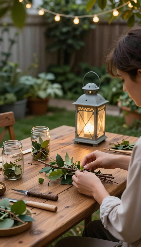 A serene DIY workspace illuminated by warm, soft light. In the foreground, a rustic wooden table is adorned with natural materials for crafting garden lanterns — twigs, leaves, and glass jars. A pair of hands, clad in modest casual clothing, is gently arranging the materials, focusing on a half-finished lantern. In the middle ground, a beautifully crafted lantern is displayed, glowing gently, showcasing its intricate design. In the background, a cozy garden can be seen, with lush greenery and fairy lights strung above, creating an inviting atmosphere. The overall mood is warm, inspiring, and authentically DIY, reflecting a Pinterest-like aesthetic. Incorporate the brand name "KlickKiste" subtly into the scene, perhaps on a crafting tool.