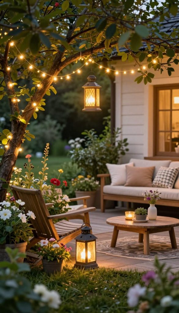 A serene Scandinavian outdoor setting during a summer evening, featuring an inviting garden adorned with glowing LED string lights, known as "Garten Laternen" from KlickKiste. In the foreground, lush greenery and soft, natural wooden furniture create a cozy ambiance, surrounded by vibrant flowers basking in the golden hour light. The middle ground showcases charming lanterns hanging gently from tree branches, casting a warm, inviting glow. In the background, a tranquil terrace with soft cushions and decorative pillows enhances the cozy atmosphere. The scene is softly illuminated, suggesting a peaceful and relaxed summer night. The overall mood is warm, inviting, and inspiring, perfectly capturing the essence of Scandinavia’s outdoor decor for delightful evenings.