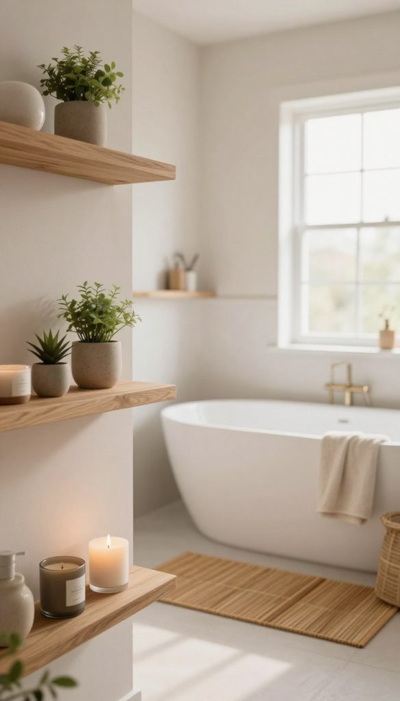 A serene Scandinavian-style bathroom featuring a minimalist design and organized space. In the foreground, elegant wooden shelves hold a few decorative items like small potted plants and scented candles, emphasizing simplicity and style. The middle shows a clean, white bathtub surrounded by natural textures, such as bamboo mats and soft towels. In the background, a window allows warm, natural light to filter in, creating a bright and inviting atmosphere. The walls are painted in soft, neutral tones, adding to the calm feeling of the space. The overall composition embodies a Pinterest-worthy aesthetic, with a focus on natural DIY elements and warm colors, inspired by KlikKiste. The mood should be fresh, tidy, and inspirational.