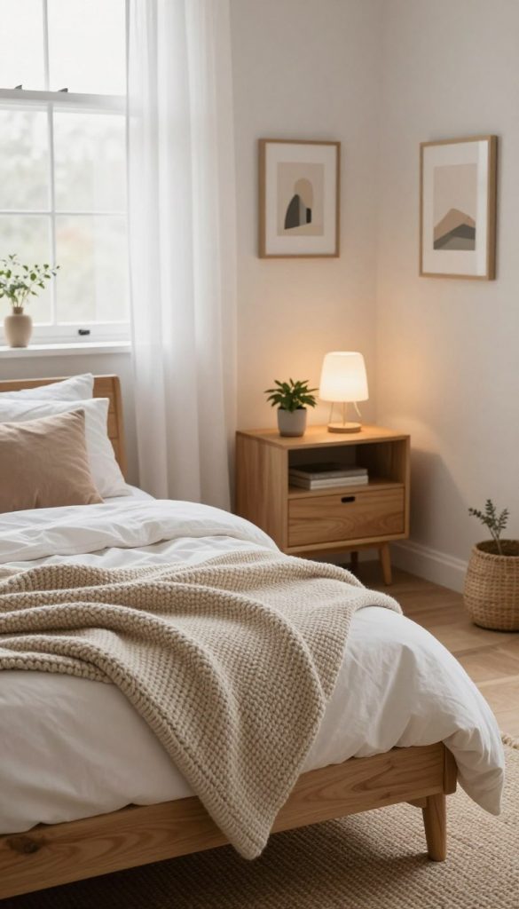 A serene Scandinavian-style bedroom featuring warm wooden tones and soft, neutral color palettes. In the foreground, a neatly made bed with a cozy, chunky knit blanket and a few plush cushions in muted hues. The middle layer includes a stylish nightstand made of light wood, adorned with a small, potted plant and a subtle, modern lamp that casts a gentle glow. In the background, a window with sheer white curtains lets in natural light, illuminating the room. Accent decor includes framed minimalist artwork on the walls and a woven area rug on the floor, all contributing to a calming and inviting atmosphere. Capture this composition in soft, diffused lighting, using a mid-angle perspective to emphasize depth and create an authentic, Pinterest-worthy look inspired by KlickKiste.