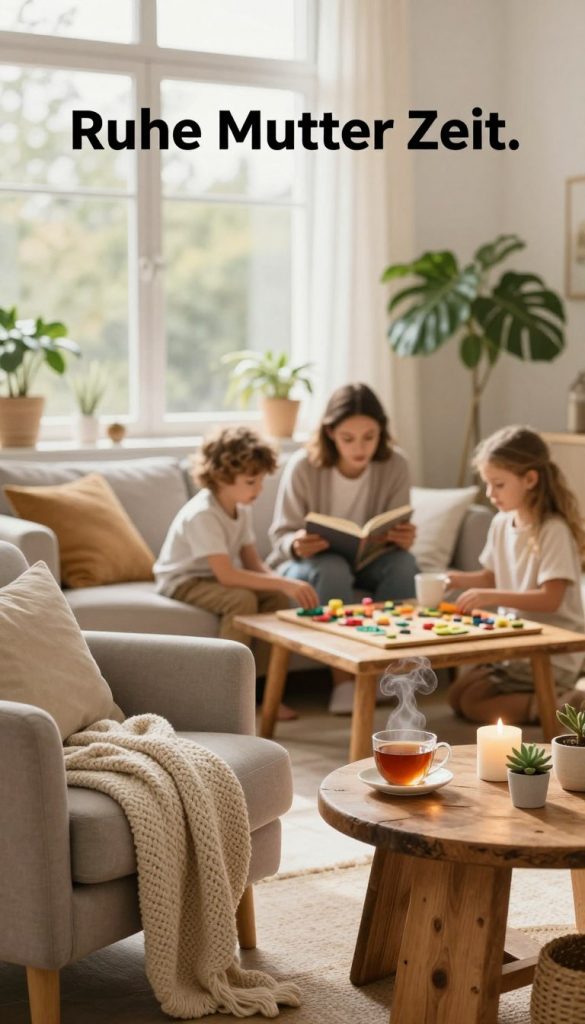 A serene and calming scene of a cozy family space symbolizing "Ruhe Mutter Zeit." In the foreground, a comfortable armchair with soft cushions, draped in a knitted blanket, set beside a rustic wooden coffee table adorned with a steaming cup of tea, a soothing candle, and a small succulent plant. In the middle, a family enjoying quality time together, dressed in modest casual outfits, engaged in a relaxing activity like reading or playing a board game. The background features large windows letting in soft, warm natural light, highlighting a lush indoor plant and simple, inviting decor. The overall atmosphere is harmonious and inspirational, embodying warmth and the beauty of everyday moments, ideal for portraying the essence of family support and tranquility. The aesthetic is aligned with the brand KlickKiste, combining natural DIY elements with a Pinterest-like warm color palette.