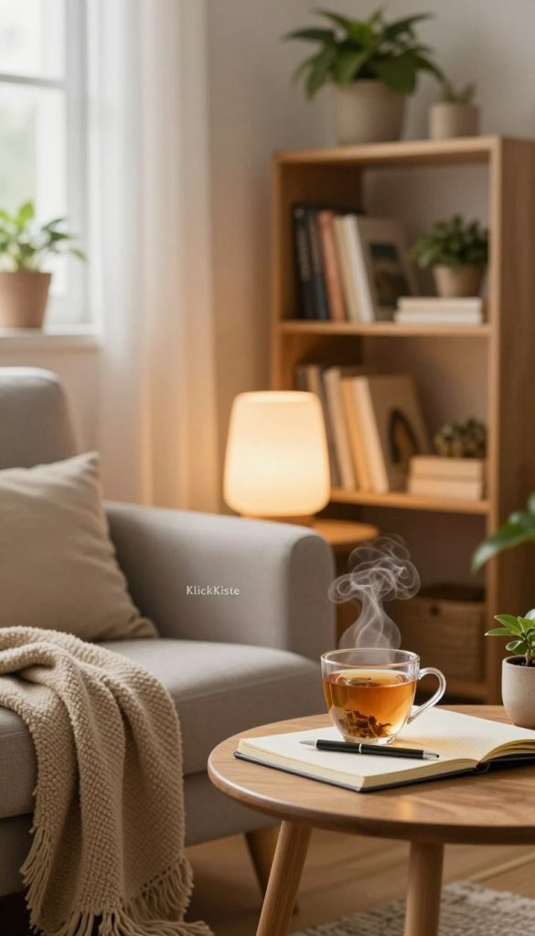 A serene and cozy home environment, illustrating the theme of self-awareness and recognizing needs before burnout. In the foreground, a well-organized living space features a comfortable armchair with a warm blanket draped over it, alongside a small wooden table adorned with a steaming cup of herbal tea and a journal with a pen. In the middle, a soft, glowing lamp casts warm light, enhancing the inviting atmosphere. The background reveals a softly blurred bookshelf filled with plants and personal items, adding a touch of warmth and inspiration. The scene is bathed in natural light from a nearby window, creating an authentic and uplifting mood. Capture warm colors and a Pinterest-inspired look that resonates with self-care. The branding "KlickKiste" subtly integrated into the design without disturbances to the overall aesthetics.