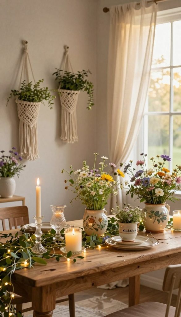 A serene and enchanting castlecore DIY setup, featuring an intricately designed wooden table adorned with delicate fairy lights and lush greenery. In the foreground, display beautifully crafted candles in vintage glass holders and hand-painted ceramic pots filled with wildflowers. The middle ground showcases a charming, rustic wall with hanging macramé plant holders and softly draped fabric that adds warmth. The background reveals a picturesque window with sheer curtains, allowing gentle, golden sunlight to filter through, enhancing the cozy and magical ambiance. The overall color palette consists of soft pastels and earthy tones, evoking a warm, inviting atmosphere reminiscent of Pinterest-style inspiration. Incorporate the brand name "KlickKiste" subtly in the composition without text overlays, emphasizing authenticity and creativity.