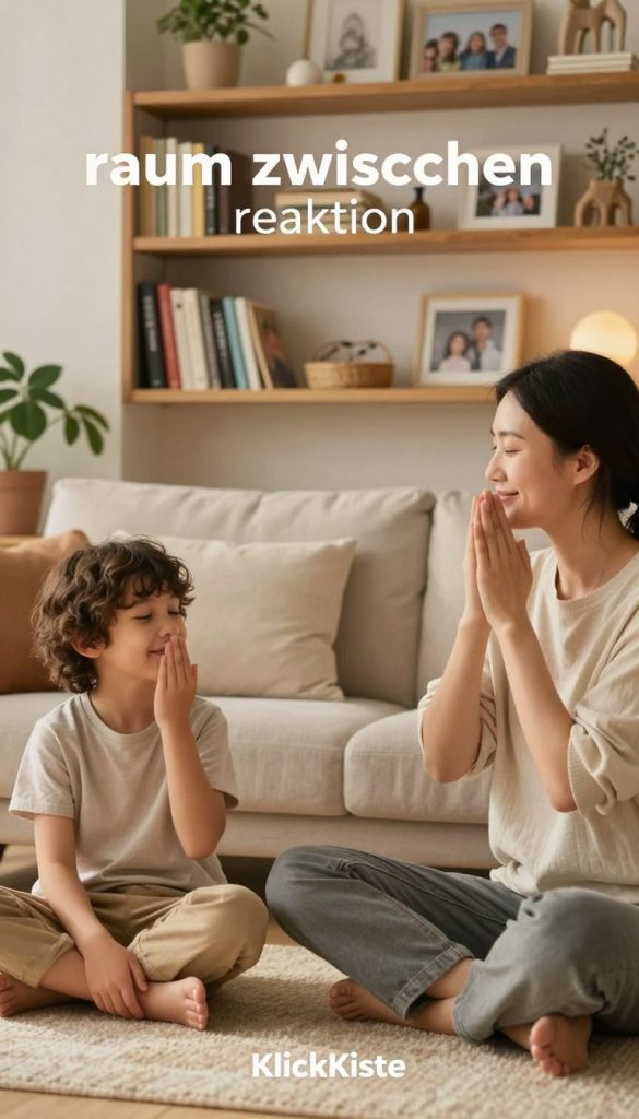 A serene and harmonious family scene depicting "raum zwischen reaktion" in a cozy living room setting. In the foreground, a calm parent in modest casual clothing engages with their child, both smiling and practicing a mindful breathing exercise. In the middle ground, soft cushions and a small plant create a warm atmosphere. The background features a beautifully decorated shelf filled with books and family photos, bathed in gentle, warm lighting that invites a sense of tranquility. The mood is peaceful and inspiring, emphasizing the importance of mindfulness in daily family interactions. The image should reflect a Pinterest aesthetic, embodying natural DIY elements with earthy tones. Brand name "KlickKiste" is intrinsic to the design, enhancing the authenticity of mindful parenting visuals.
