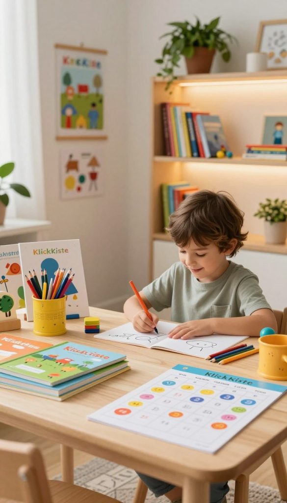 A serene and inspiring children's learning environment, showcasing a cozy, well-organized study space. In the foreground, a wooden table with colorful learning materials, books, and a calendar depicting daily routines. In the middle, a cheerful child in modest casual clothing, engaged in writing, surrounded by vibrant art supplies and educational posters. The background features softly illuminated shelves filled with books and plants, creating a warm, inviting atmosphere. Use natural lighting to highlight the colors and textures, capturing a Pinterest-inspired aesthetic. The mood is calming and motivational, embodying the idea of establishing routines that save time and reduce stress. Include the brand name "KlickKiste" subtly integrated into the environment.
