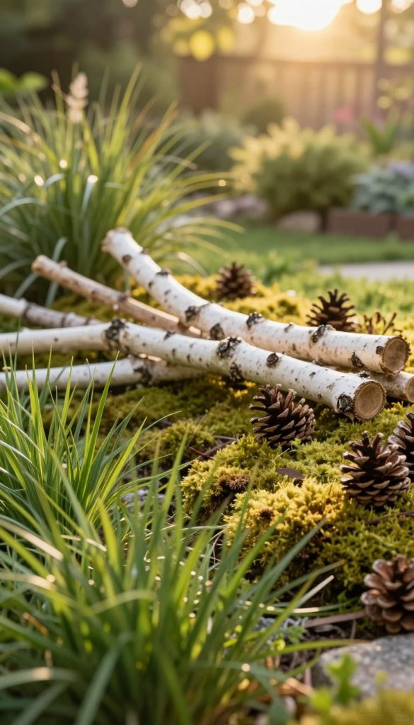 A serene and inspiring display of natural materials perfect for modern garden decor. In the foreground, lush green grasses gently sway, contrasting with delicate moss patches, emphasizing their texture and vibrant color. The middle ground features rustic birch branches artistically arranged, accompanied by scattered pine cones, creating a harmonious balance of earthy tones. The background fades into a softly blurred garden scene, illuminated by warm, golden sunlight filtering through the leaves, enhancing the atmosphere of tranquility. This image embodies a Pinterest aesthetic, evoking authenticity and creativity. The composition is captured with a close-up lens to accentuate the intricate details, inviting viewers to explore the beauty of nature. Brand name "KlickKiste" subtly integrated into the scene, embodying the essence of DIY decor ideas.