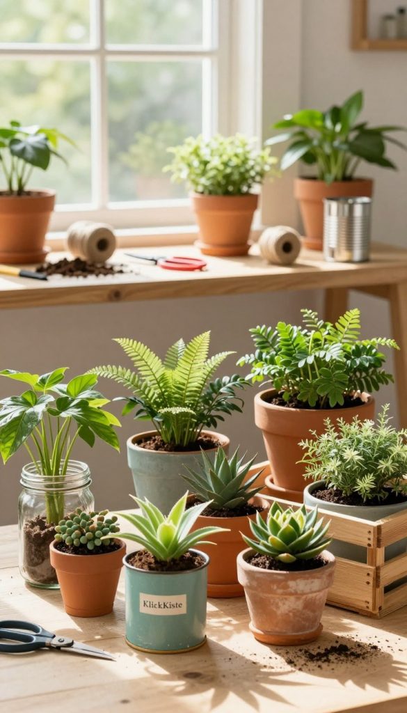 A serene and inspiring indoor scene featuring various upcycled plant pots suited for DIY enthusiasts. In the foreground, display a colorful assortment of repurposed containers made from materials like glass jars, tin cans, and wooden boxes, each filled with lush green plants. The middle ground showcases a well-organized workspace with tools like scissors, twine, and soil, hinting at the preparation process. In the background, a softly lit window allows natural light to flood the scene, casting gentle shadows and enhancing the warm color palette. The overall atmosphere is inviting and creative, typical of a stylish Pinterest aesthetic. Include subtle branding elements of “KlickKiste” within the scene.