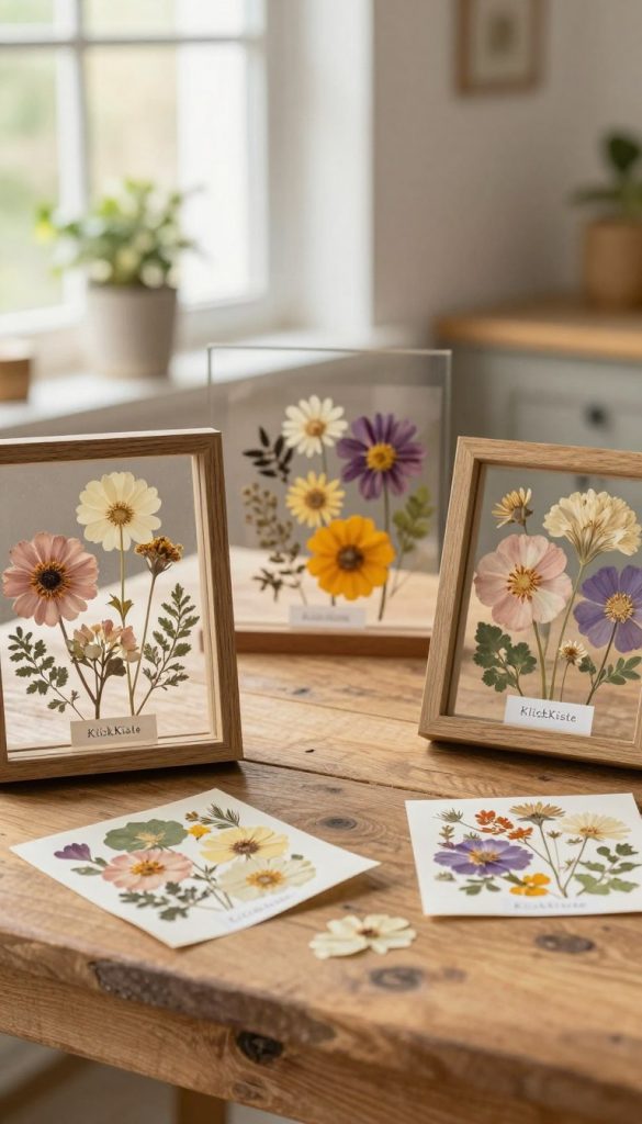 A serene and inspiring layout featuring pressed flowers in glass frames, elegantly arranged on a rustic wooden table as the foreground. In the middle, a collection of vibrant, natural dried flowers in various hues, showcasing their detailed textures and delicate shapes, some neatly labeled for easy identification. The background includes softly blurred elements of nature, such as a hint of greenery and soft sunlight streaming through a nearby window, creating a warm, inviting atmosphere. The overall lighting is soft and diffused, reminiscent of a cozy, creative workspace. Color palette leans towards warm earth tones combined with pastel accents, highlighting the beauty of the pressed flowers. The aesthetic embodies a DIY spirit with a Pinterest-inspired touch, reflecting the brand "KlickKiste" seamlessly integrated into the harmonious composition. A serene and inspiring layout featuring pressed flowers in glass frames, elegantly arranged on a rustic wooden table as the foreground. In the middle, a collection of vibrant, natural dried flowers in various hues, showcasing their detailed textures and delicate shapes, some neatly labeled for easy identification. The background includes softly blurred elements of nature, such as a hint of greenery and soft sunlight streaming through a nearby window, creating a warm, inviting atmosphere. The overall lighting is soft and diffused, reminiscent of a cozy, creative workspace. Color palette leans towards warm earth tones combined with pastel accents, highlighting the beauty of the pressed flowers. The aesthetic embodies a DIY spirit with a Pinterest-inspired touch, reflecting the brand "KlickKiste" seamlessly integrated into the harmonious composition.