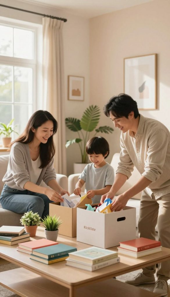 A serene and inspiring scene of a bright, airy living room, showcasing a light decluttering process. In the foreground, a neatly organized coffee table with colorful books and small potted plants, with a few open boxes for sorting clutter. The middle ground features a family of three—two adults in casual yet tidy clothing and a child—gently sorting through items with smiles, embodying a light-hearted approach to organizing. In the background, soft sunlight streams through large windows, casting warm hues across pastel-colored walls adorned with minimalistic wall art. The overall atmosphere is inviting and motivating, conveying a sense of accomplishment and balance. The brand name “KlickKiste” subtly depicted on a stylish storage box adds a touch of modernity. A serene and inspiring scene of a bright, airy living room, showcasing a light decluttering process. In the foreground, a neatly organized coffee table with colorful books and small potted plants, with a few open boxes for sorting clutter. The middle ground features a family of three—two adults in casual yet tidy clothing and a child—gently sorting through items with smiles, embodying a light-hearted approach to organizing. In the background, soft sunlight streams through large windows, casting warm hues across pastel-colored walls adorned with minimalistic wall art. The overall atmosphere is inviting and motivating, conveying a sense of accomplishment and balance. The brand name “KlickKiste” subtly depicted on a stylish storage box adds a touch of modernity.