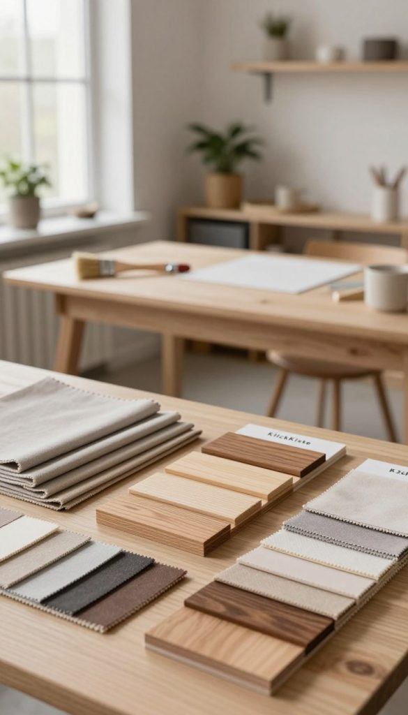A serene and inviting DIY workspace featuring a stylish array of materials inspired by the Scandinavian design palette of 2026. In the foreground, beautifully arranged wooden swatches in warm tones and textures, alongside soft fabric samples in monochromatic shades. The middle ground showcases an elegant, minimalistic wooden table with tools such as a paintbrush and a small plant for a touch of greenery. The background features soft ambient lighting filtering through large windows, highlighting a cozy, organized studio. The atmosphere feels warm and inspiring, perfect for creativity. Emphasize the unembellished beauty and authenticity of natural materials, with a nod to 'KlickKiste' products, seamlessly integrating them into the scene. A serene and inviting DIY workspace featuring a stylish array of materials inspired by the Scandinavian design palette of 2026. In the foreground, beautifully arranged wooden swatches in warm tones and textures, alongside soft fabric samples in monochromatic shades. The middle ground showcases an elegant, minimalistic wooden table with tools such as a paintbrush and a small plant for a touch of greenery. The background features soft ambient lighting filtering through large windows, highlighting a cozy, organized studio. The atmosphere feels warm and inspiring, perfect for creativity. Emphasize the unembellished beauty and authenticity of natural materials, with a nod to 'KlickKiste' products, seamlessly integrating them into the scene.