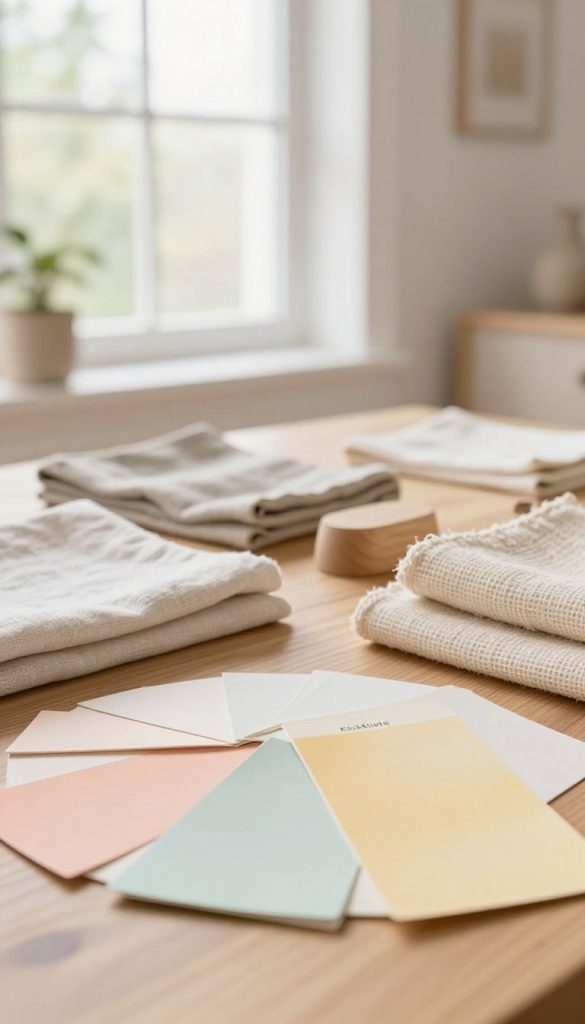 A serene and inviting color palette spread across a beautifully arranged table, showcasing an array of soft, warm tones. In the foreground, various paint swatches in muted pastels like soft peach, pale mint, and buttery yellow are elegantly fanned out, suggesting a harmonious blend. In the middle ground, high-quality textures such as light wood, soft linen, and gently woven fibers are artistically displayed, embodying the airy interior style. The background features a sun-drenched room with large windows, allowing natural light to illuminate the scene, creating a fresh and uplifting atmosphere. Use a soft focus lens effect to enhance the feeling of warmth and tranquility. This is an authentic, inspiring visual from KlickKiste, perfect for illustrating a light and airy interior design concept.