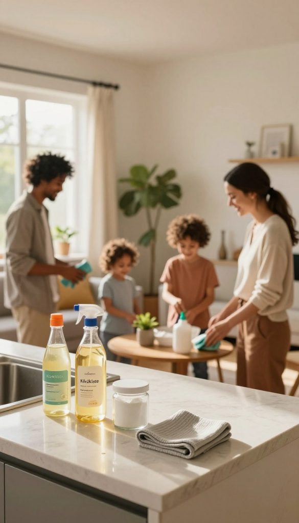 A serene and inviting home environment focused on hygiene: In the foreground, a well-organized kitchen countertop featuring natural DIY cleaning supplies like vinegar, baking soda, and a soft cloth, all bathed in warm, natural light. In the middle ground, a family of diverse individuals wearing modest casual clothing, engaged in cleaning tasks, smiling and enjoying each other's company. In the background, a cozy living room with plants and sunlight streaming through large windows, creating an uplifting atmosphere. The color palette should be warm and inviting, capturing a Pinterest-inspired aesthetic. The brand "KlickKiste" subtly represented in the scene, perhaps on a cleaning product label or a decorative kitchen item. This image embodies a balanced approach to home hygiene, highlighting that cleaning alone suffices in most cases. A serene and inviting home environment focused on hygiene: In the foreground, a well-organized kitchen countertop featuring natural DIY cleaning supplies like vinegar, baking soda, and a soft cloth, all bathed in warm, natural light. In the middle ground, a family of diverse individuals wearing modest casual clothing, engaged in cleaning tasks, smiling and enjoying each other's company. In the background, a cozy living room with plants and sunlight streaming through large windows, creating an uplifting atmosphere. The color palette should be warm and inviting, capturing a Pinterest-inspired aesthetic. The brand "KlickKiste" subtly represented in the scene, perhaps on a cleaning product label or a decorative kitchen item. This image embodies a balanced approach to home hygiene, highlighting that cleaning alone suffices in most cases.