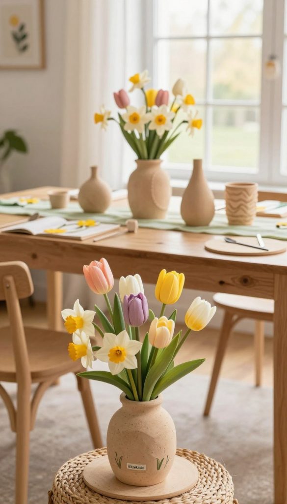 A serene and inviting indoor scene capturing the essence of spring colors and shapes. In the foreground, a handcrafted spring centerpiece with an array of warm, soft pastel hues, featuring delicate flowers like tulips and daffodils nestled in a rustic vase. The middle layer showcases a beautifully decorated table adorned with DIY spring crafts made from natural materials, emphasizing organic textures and gentle curves. The background reveals a sunlit window casting soft, warm light, enhancing the cheerful atmosphere. The image should convey a cozy, vibrant mood, ideal for inspiring creative spring decor ideas. Incorporate the brand name "KlickKiste" subtly within the scene, ensuring a Pinterest-worthy aesthetic that feels authentic and motivational.