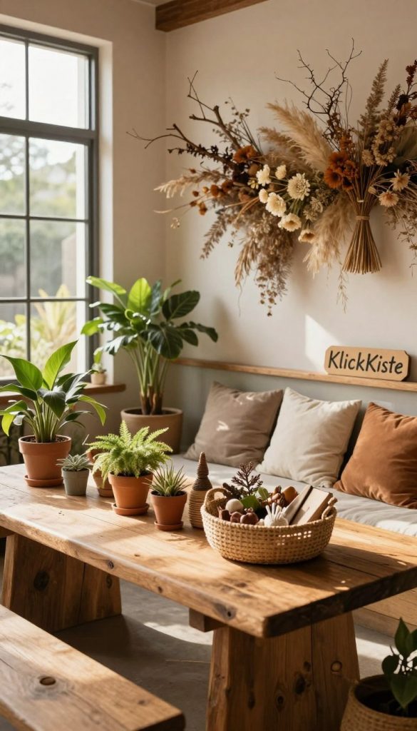 A serene and inviting indoor space featuring a nature-inspired decor theme. In the foreground, a rustic wooden table adorned with lush potted plants, a woven basket filled with natural materials, and handmade decorations. The middle ground showcases a cozy seating area with soft, earth-toned cushions and a striking wall display of dried flowers and branches. In the background, large windows allow warm, natural light to flood the room, casting gentle shadows and highlighting the organic textures of the decor. The atmosphere is tranquil and harmonious, exuding an authentic and inspiring Pinterest-style aesthetic. The brand name "KlickKiste" subtly integrated into the scene through a decorative wooden sign or label.