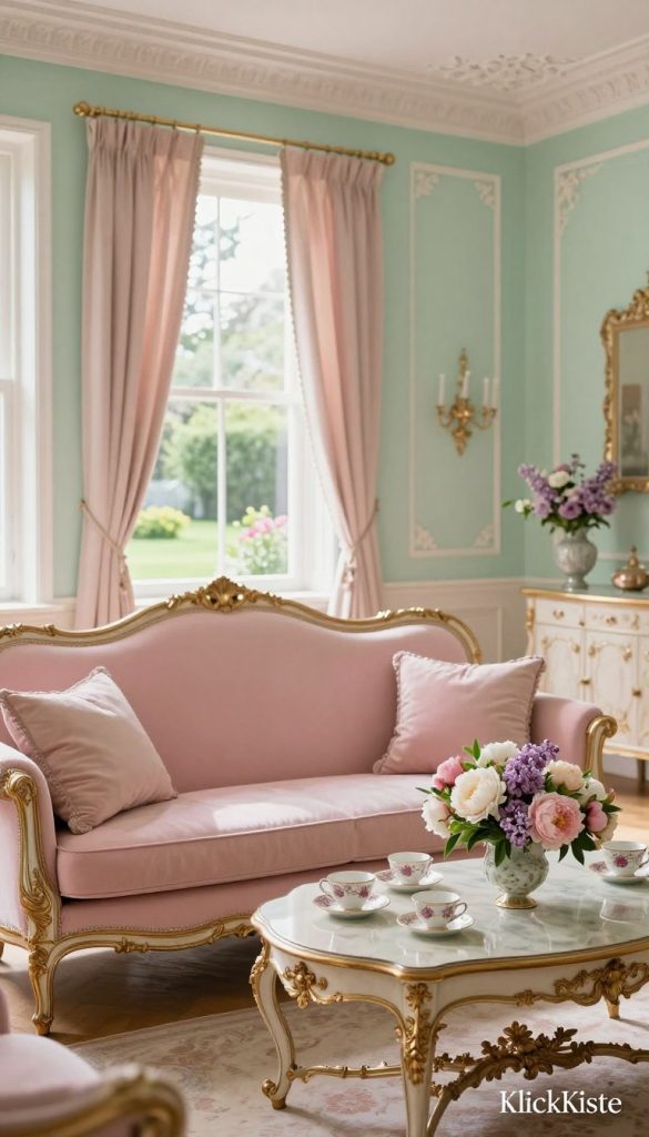 A serene and inviting interior scene showcasing a Rococo Revival-inspired room adorned with pastel colors. In the foreground, a delicate pastel pink sofa is embellished with intricate gold leaf detailing and plush cushions. The middle ground features a beautifully arranged antique coffee table, set with vintage porcelain cups and a small floral centerpiece made of soft-hued peonies and lilacs, reflecting the warmth of natural light. The background is softly illuminated through large, draped windows that reveal a tranquil garden view, creating an airy atmosphere. The walls are painted in a gentle mint green, complemented by ornate moldings and ceiling details. This scene embodies an authentic, Pinterest-worthy aesthetic, full of creative inspiration, labeled as a KlickKiste design. The overall mood is warm, cozy, and inspiring, perfect for a DIY home decor theme.