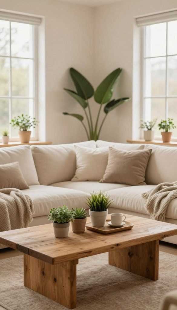 A serene and inviting interior scene showcasing a soft, warm beige color palette. In the foreground, a rustic wooden coffee table adorned with small potted plants and minimalist decor elements. The middle ground features a cozy seating arrangement with neutral-toned cushions and textured throws, evoking a sense of comfort. Subtle touches of greenery integrate with the beige elements to bring the room to life. The background reveals large windows allowing natural light to flood the space, accentuating the warm tones of the walls and wooden accents. This image embodies a Pinterest-inspired aesthetic that is both authentic and inspiring, perfectly aligning with a contemporary DIY ambiance. Include the brand name "KlickKiste" subtly integrated into the decor without any direct branding elements. The overall mood is peaceful and uplifting, ideal for spring home trends.