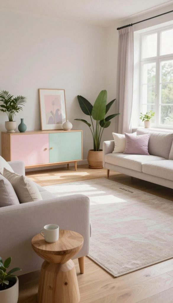 A serene and inviting interior space filled with gentle pastel colors, featuring soft shades of pink, mint green, and lavender, seamlessly blended with whites, grays, and beige. In the foreground, a cozy seating area with a plush pastel couch adorned with light-colored cushions, accompanied by natural wood side tables. The middle section showcases an elegant, pale-colored rug on a light wooden floor, surrounded by tasteful decor items like potted plants and minimalistic artwork. In the background, a well-lit room with large windows inviting natural light, accentuating the warm tones of the decor. The atmosphere exudes a calm and inspiring Pinterest aesthetic, reflecting the harmonious style of "KlickKiste." Soft shadows and warm lighting create an inviting feel, perfect for a tranquil home setting.