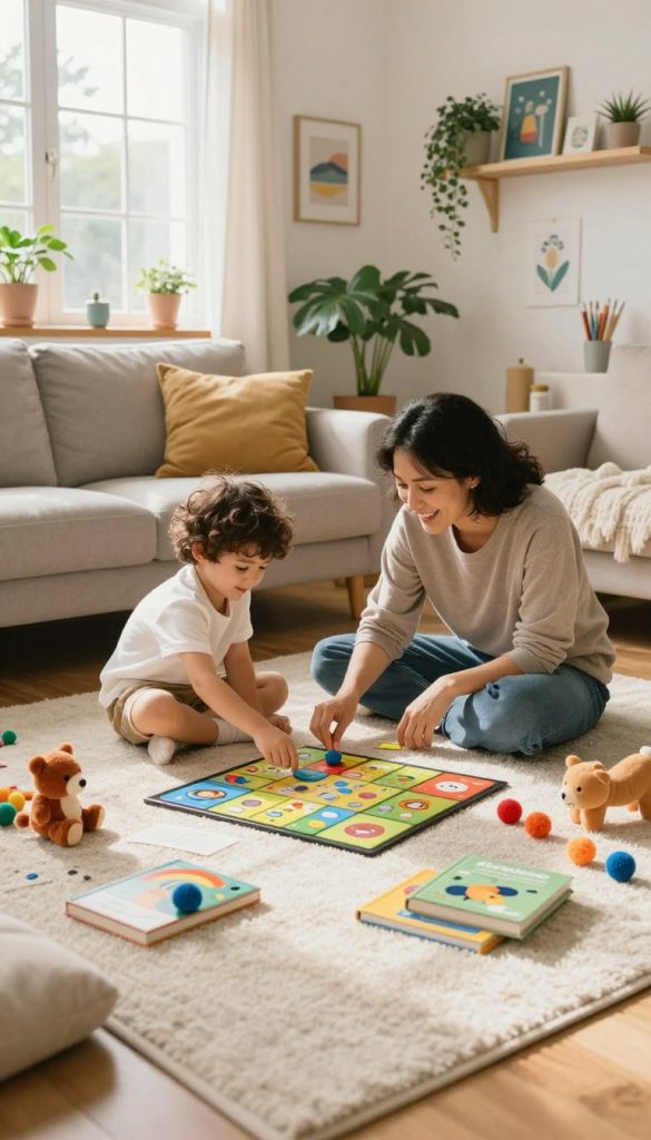 A serene and inviting living room scene that promotes screen-free activities for children, capturing a cozy atmosphere. In the foreground, a carpet with colorful, soft toys and books scattered about, inviting play and creativity. In the middle, a child engaged in a board game with a parent, both smiling and enjoying quality time together. The background features warm, natural light streaming through a window, illuminating plants and DIY crafts on a shelf, emphasizing a Pinterest-inspired aesthetic. The overall mood is joyful and relaxed, showcasing a harmonious routine that fosters connection without screens. Incorporate elements like soft cushions and art supplies to enhance the authenticity. Include subtle branding for "KlickKiste," seamlessly integrated into the decor.