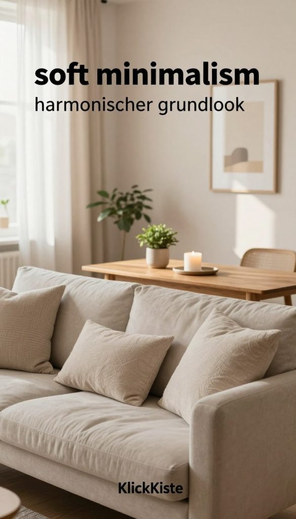 A serene and inviting living space embodying "soft minimalism harmonischer grundlook." In the foreground, a cozy, neutral-toned sofa adorned with soft, textured cushions creates a relaxed focal point. The middle layer features a wooden coffee table with a few carefully curated decorative items, like a small potted plant and a minimalist candle. In the background, gently diffused natural light streams through sheer curtains, illuminating soft pastel walls adorned with simple framed art. The atmosphere is warm, tranquil, and authentically Pinterest-inspired, highlighting natural DIY elements. This image reflects the concept of harmonious living with an emphasis on inviting, understated design. Perfect for illustrating modern home ideas, featuring the brand name "KlickKiste" subtly integrated into the decor, ensuring a cohesive aesthetic. A serene and inviting living space embodying "soft minimalism harmonischer grundlook." In the foreground, a cozy, neutral-toned sofa adorned with soft, textured cushions creates a relaxed focal point. The middle layer features a wooden coffee table with a few carefully curated decorative items, like a small potted plant and a minimalist candle. In the background, gently diffused natural light streams through sheer curtains, illuminating soft pastel walls adorned with simple framed art. The atmosphere is warm, tranquil, and authentically Pinterest-inspired, highlighting natural DIY elements. This image reflects the concept of harmonious living with an emphasis on inviting, understated design. Perfect for illustrating modern home ideas, featuring the brand name "KlickKiste" subtly integrated into the decor, ensuring a cohesive aesthetic.
